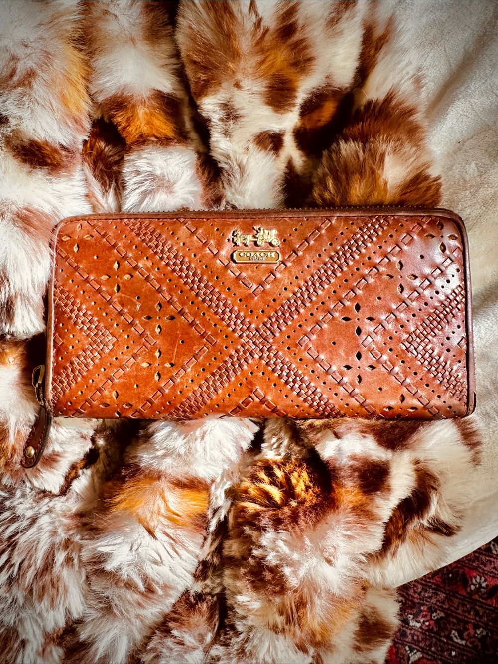 Coach Y2K Brown Perforated Leather Zip Wallet with Gold Logo